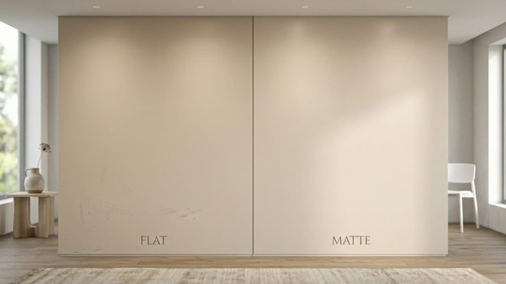 Side-by-side wall comparison showing flat paint with visible scuff marks and matte paint looking cleaner and more durable