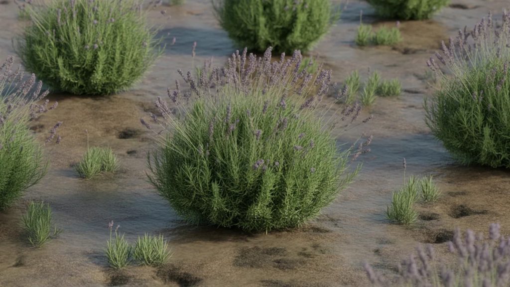 Overgrown lavender plant with dried flower heads and small seedlings sprouting in damp soil, showing signs of overcrowding and lack of pruning in a sunny garden