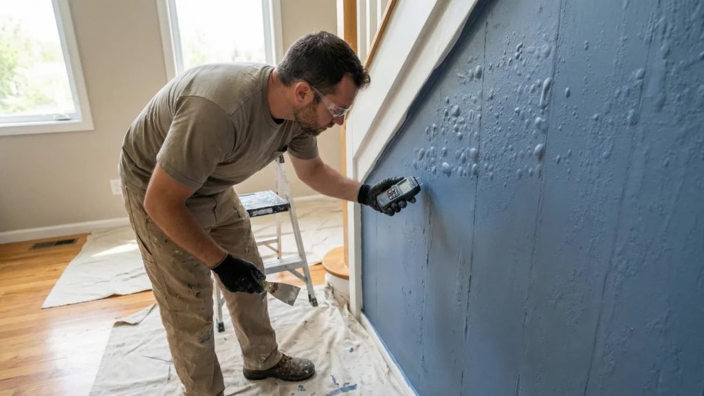 Professional painter inspecting a blue wall covered in paint bubbles, using a moisture meter and scraper while standing on a drop cloth in a bright indoor room.</p>
<p>Most small patches of bubbling paint are easy to handle yourself. But there are situations where calling a professional is the smarter move