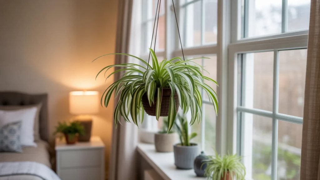 Spider plant in a hanging basket near a bright window in a living room, with trailing green and white leaves.