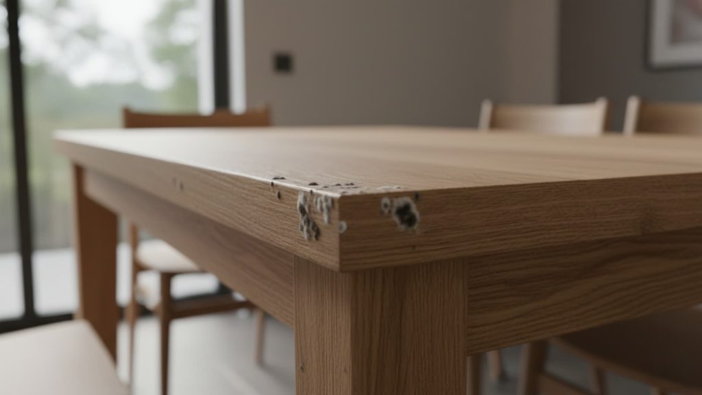 Mold growing on the corner edge of a wooden dining table with visible black and white spots in a softly lit dining room