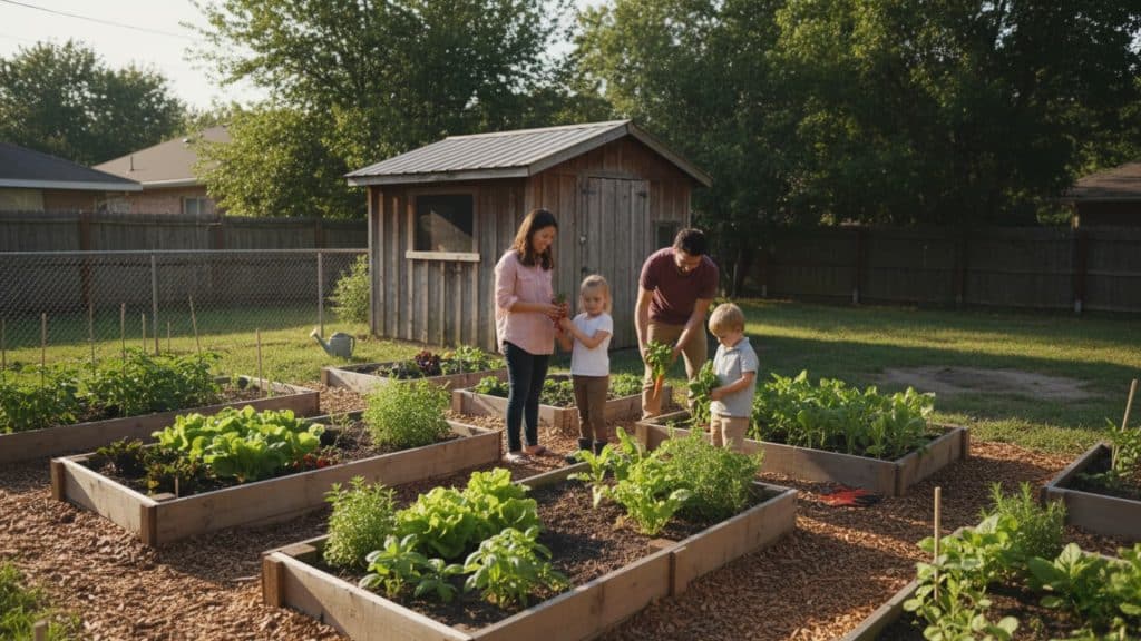 Family harvesting vegetables in small raised garden beds behind a suburban home, with a wooden shed and fenced backyard in warm afternoon light