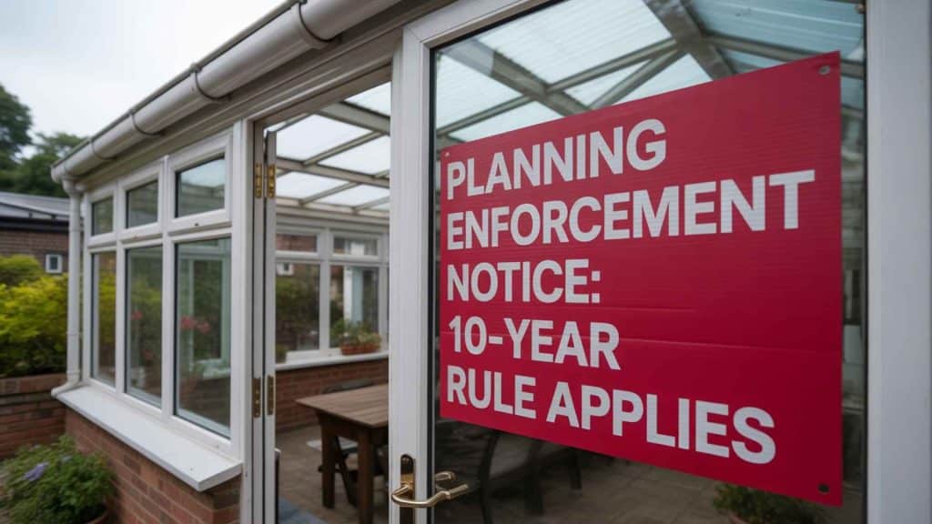 A bright, open-plan kitchen connected to a sleek, modern brick-walled orangery with large windows.