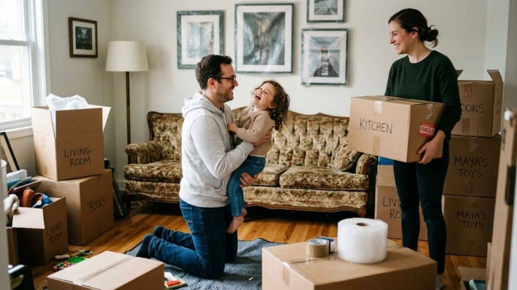 A family joyfully moving into their new home, packing boxes, and sharing a happy moment.