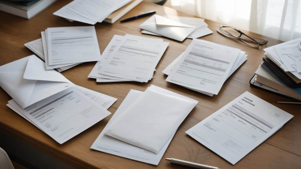 A spread of utility bills and property-related paperwork on a desk, reinforcing ownership claim.
