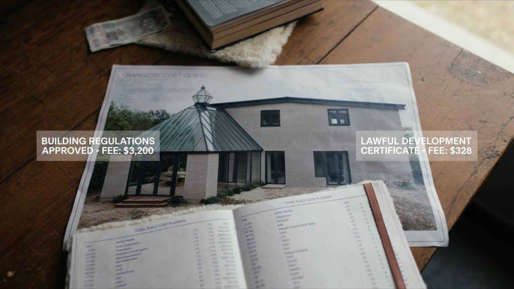 Architectural plans and compliance documents showing 2026 cost estimates for UK planning legal fees.