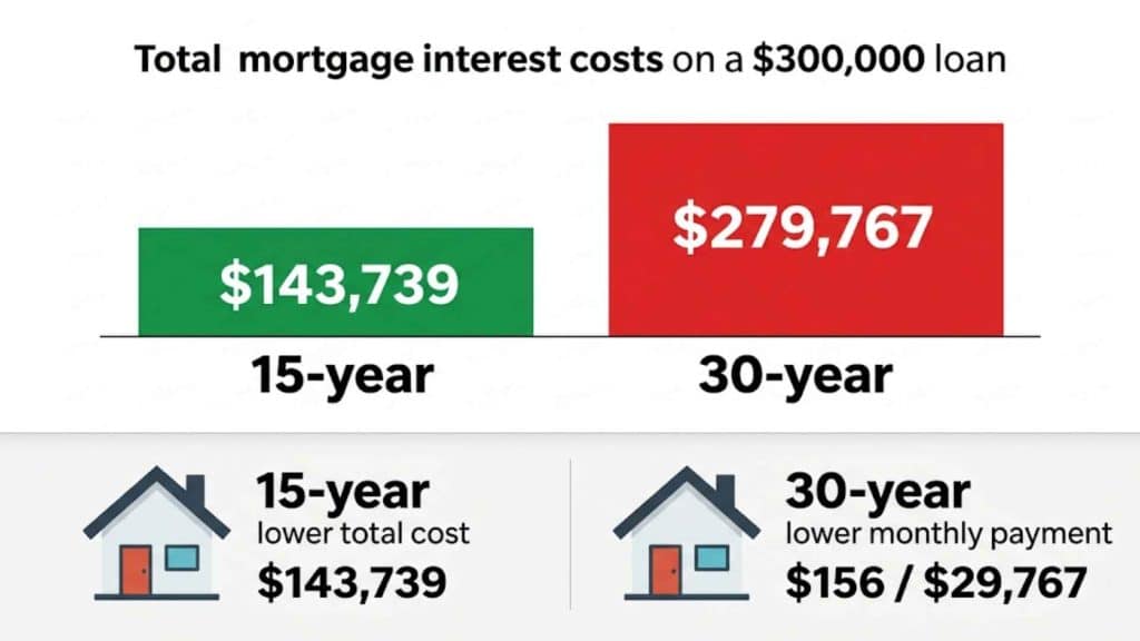 Comparison chart showing total mortgage interest on a 0,000 loan, with 3,739 for a 15-year term and 9,767 for a 30-year term, highlighting cost versus monthly payment differences.