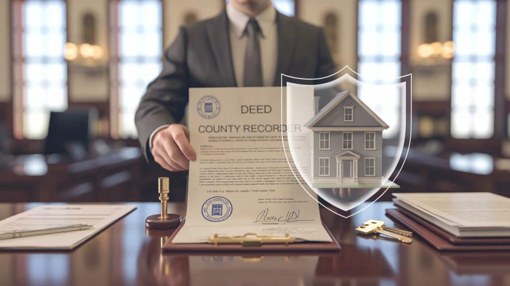 Deed document with a county recorder’s stamp protected by a shield icon, symbolizing property ownership verification.
