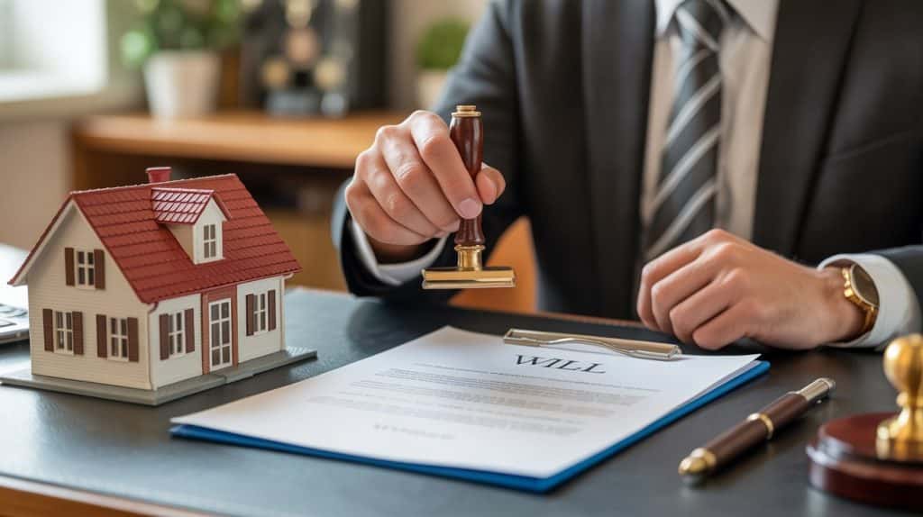 Lawyer stamping a will document with a model house and legal tools on a desk.