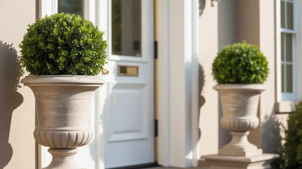 Matching Urn Planters on Both Sides of the Door