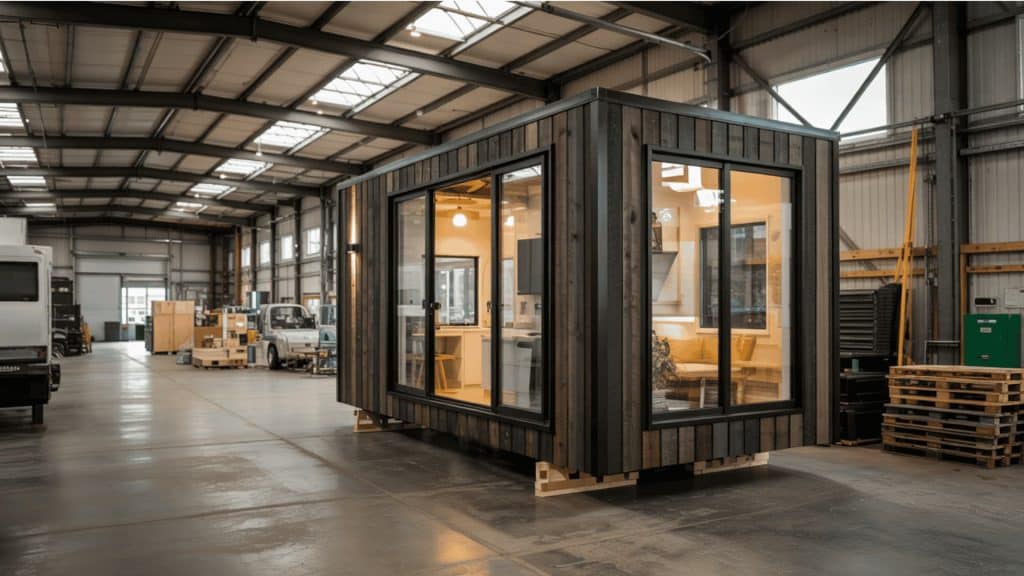 Prefab modular home extension unit being assembled inside a factory warehouse with large windows and modern wood exterior.