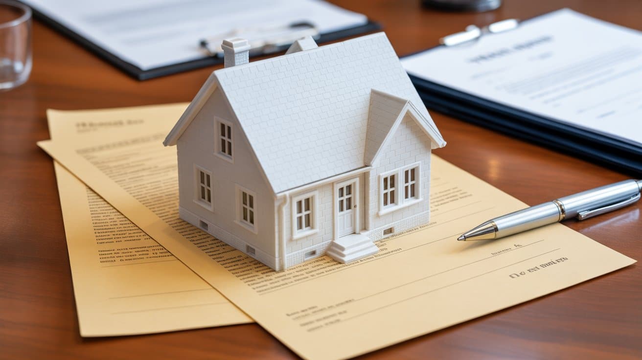 Model house on legal documents with pen, representing property ownership paperwork.