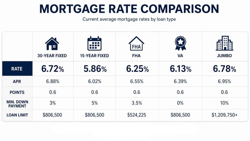 Mortgage rate comparison table showing current average rates for 30-year fixed, 15-year fixed, FHA, VA, and jumbo loans, including APR, points, minimum down payment, and loan limits.