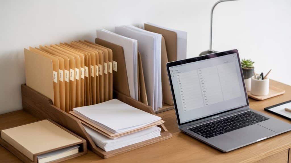 Neatly organized property documents in labeled folders beside a laptop, showcasing efficient document management.