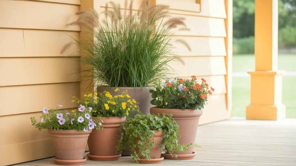 Porch Corner Planter Groupings With Different Heights