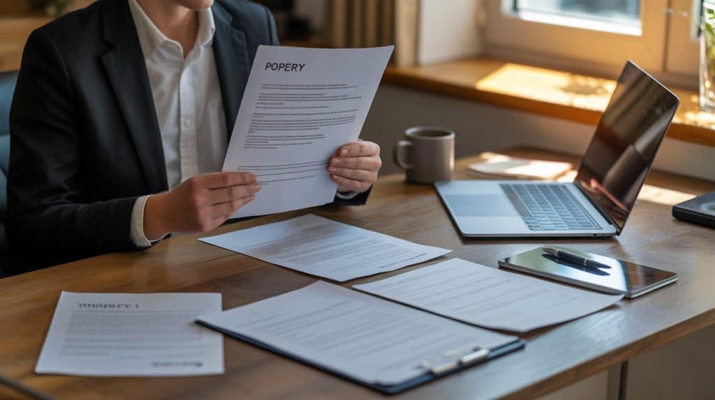 Professional examining property documents on a desk, with a coffee cup and laptop nearby.