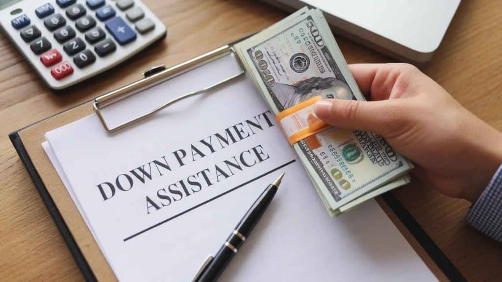 The image features a hand holding a bundle of cash next to a document labeled DOWN PAYMENT ASSISTANCE, a calculator, and a pen on a desk.