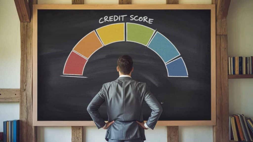 The image shows a man in a suit standing in front of a chalkboard displaying a colorful credit score range.