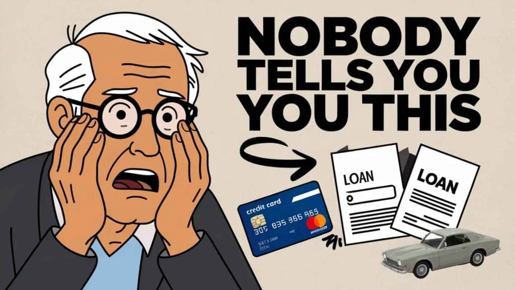 The image shows an illustration of a distressed older man, a credit card, loan documents, and a toy car, with text saying NOBODY TELLS YOU THIS.