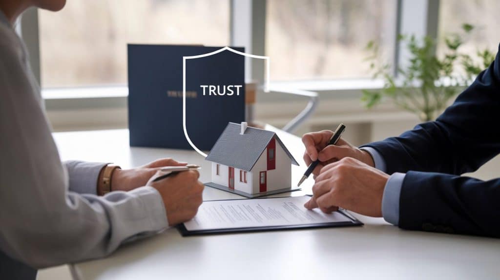 Two people signing estate planning documents with a house model and a trust folder.