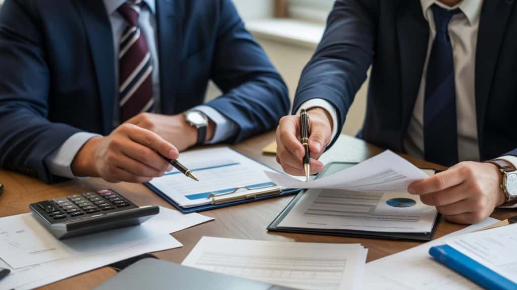 Two professionals in suits reviewing documents and discussing details during a meeting in an office.