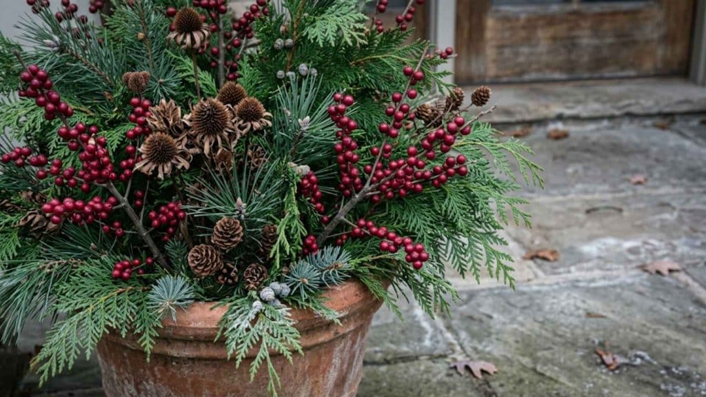 Winter Greens With Branches and Berries