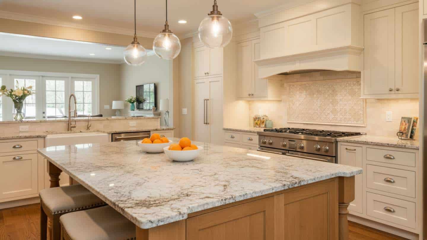 Alt Text: Modern kitchen with granite countertops, white cabinets, and pendant lighting over an island.