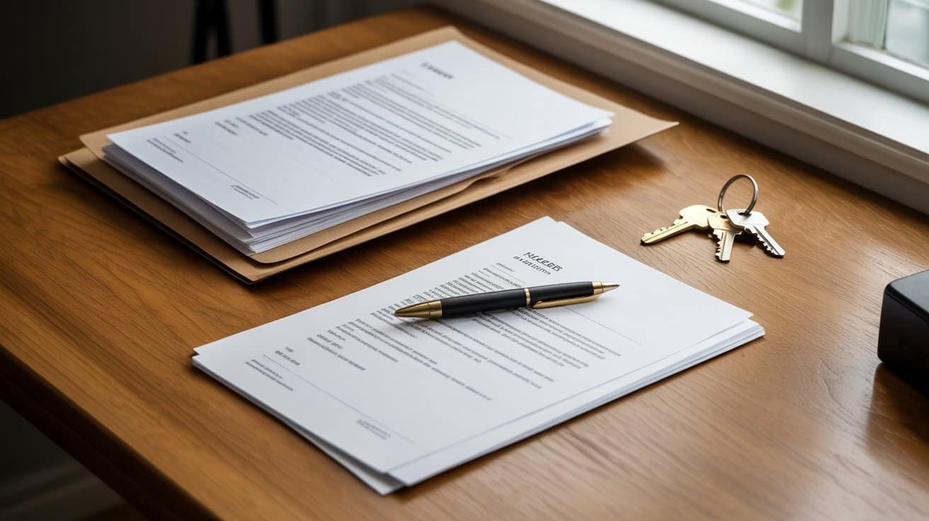 stack of property ownership documents on a desk with pen and keys.