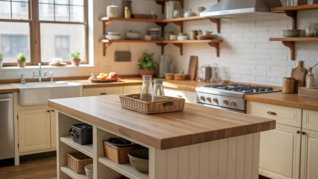butcher block kitchen island countertop in a cozy kitchen with open wooden shelves and natural light