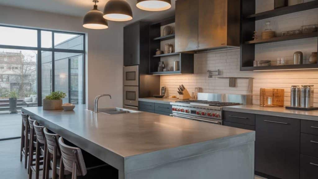 concrete kitchen countertop island in a modern industrial style kitchen with dark cabinets and pendant lights