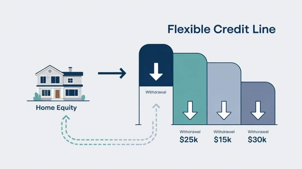 diagram illustrating flexible credit line withdrawals from home equity with varying amounts.