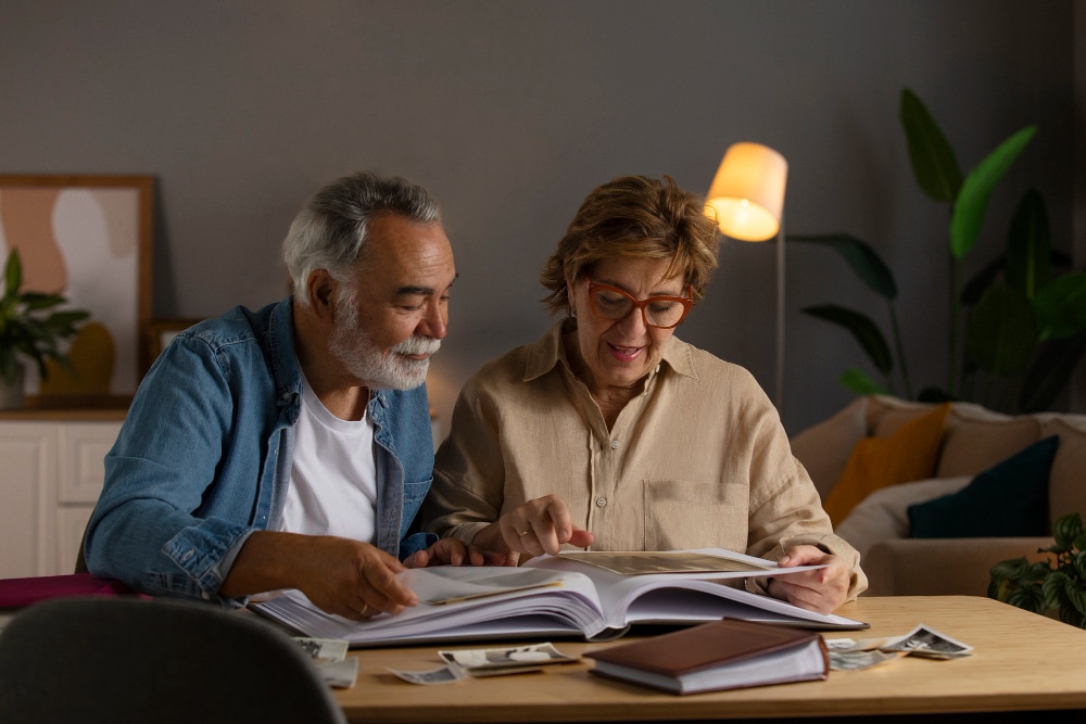 elderly couple reviewing financial documents related to equity release options.