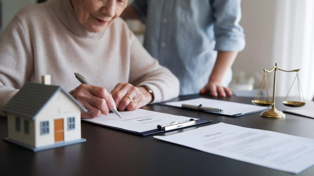 elderly woman signing her will with a house model and legal scales on the table.