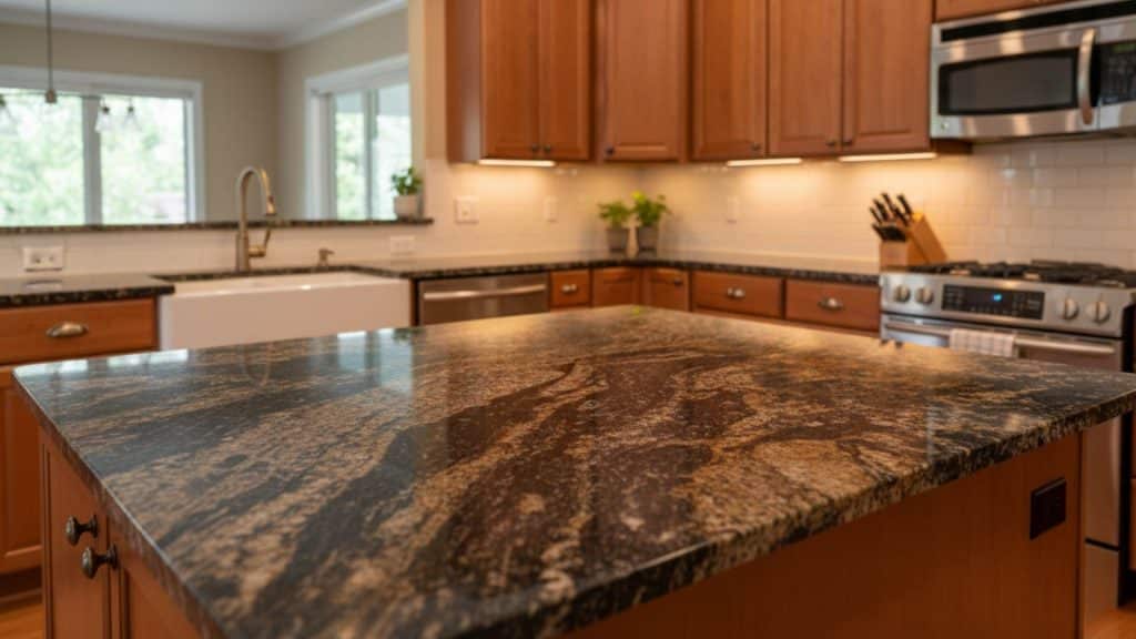 kitchen featuring dark granite countertop in a warm wood cabinet kitchen