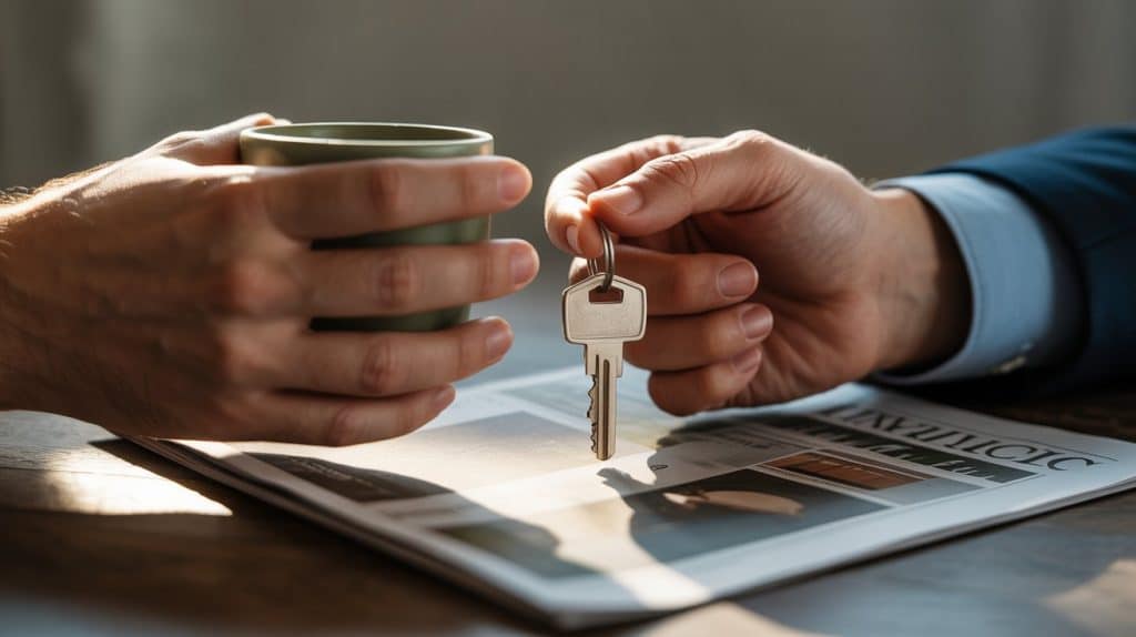 handing over house keys in a close-up exchange, symbolizing property transfer.