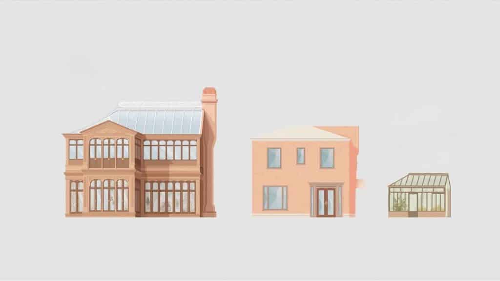 A side-by-side comparison of an elegant orangery, a standard brick extension, and a glass conservatory.