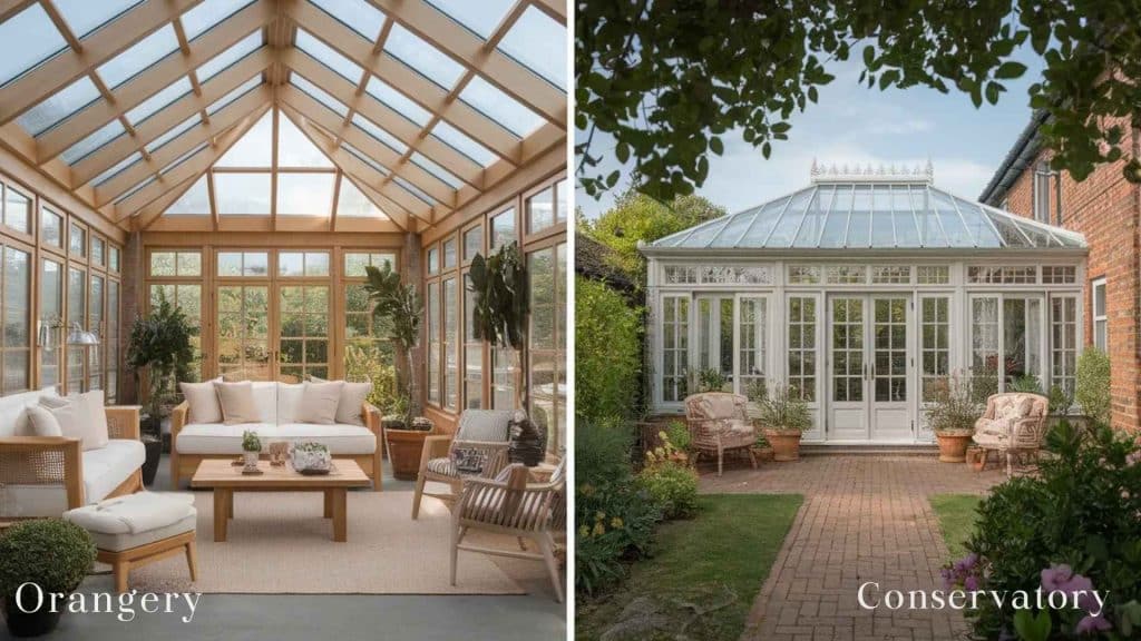 The image shows two types of rooms: an orangery (left) with a modern interior, and a conservatory (right) with a traditional structure, both featuring large glass windows.