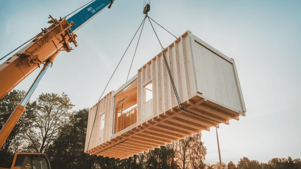 Prefab home extension module being lifted by a crane and installed on-site during modular construction.