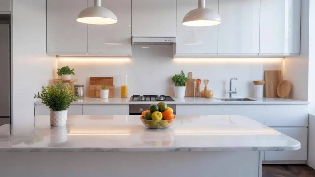 laminate kitchen countertop in a modern white kitchen with pendant lighting
