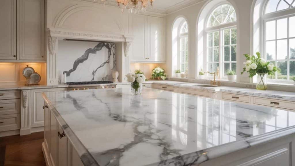 white marble kitchen countertop with gray veining in a bright luxury kitchen with large windows