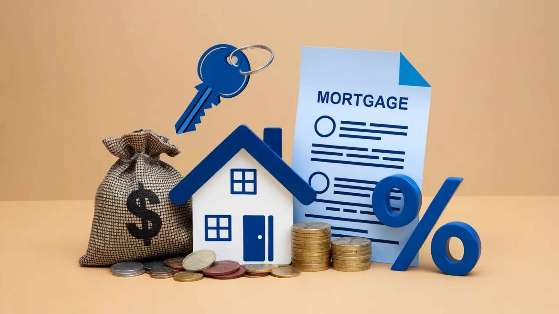 The image shows a house model, a key, a bag of money, coins, a mortgage document, and a percentage symbol.