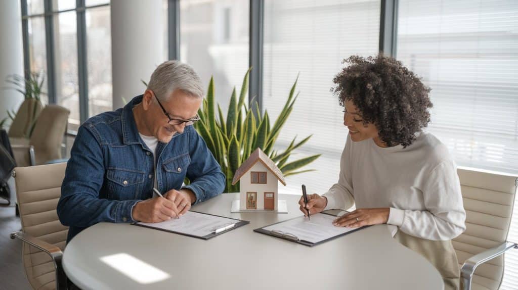 parent and adult child signing property documents for home ownership transfer.