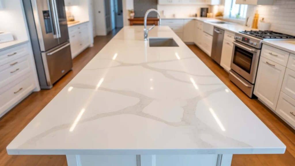 porcelain slab kitchen island with subtle gray veining in a modern white kitchen with stainless steel appliances