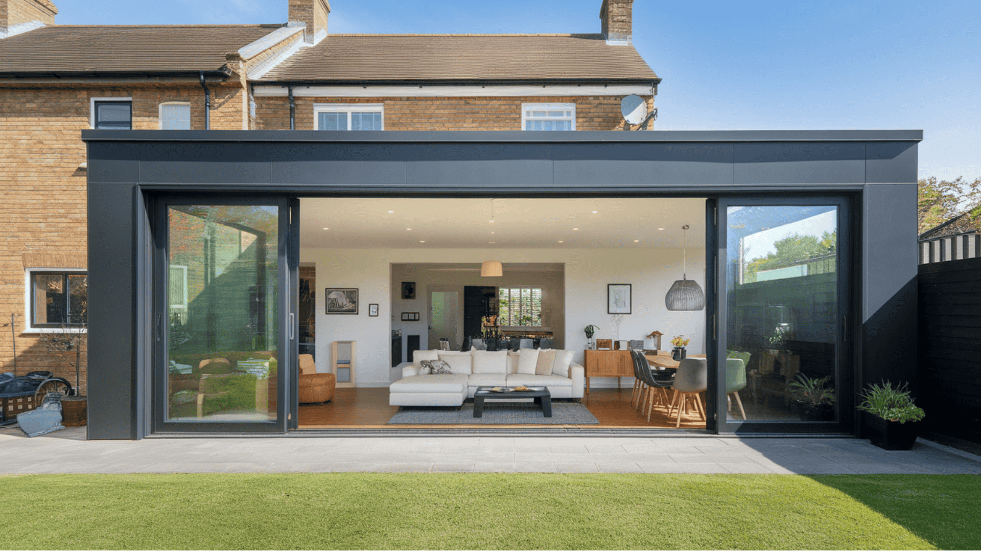 Alt text: Prefab home extension with modern flat roof and large sliding glass doors creating an open-plan living and dining space connected to the garden.