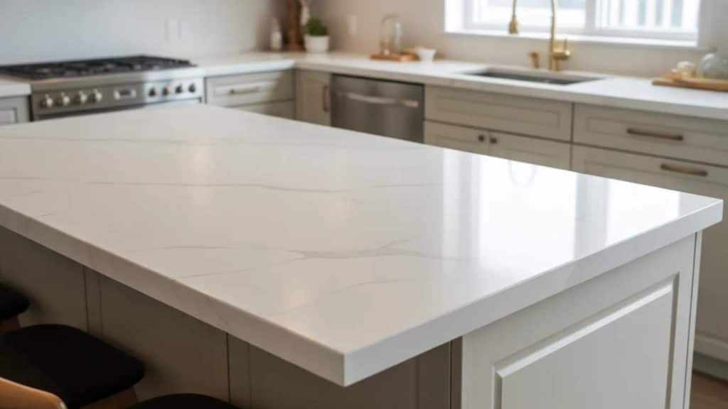 kitchen featuring a white quartz island with subtle veining in a modern bright kitchen