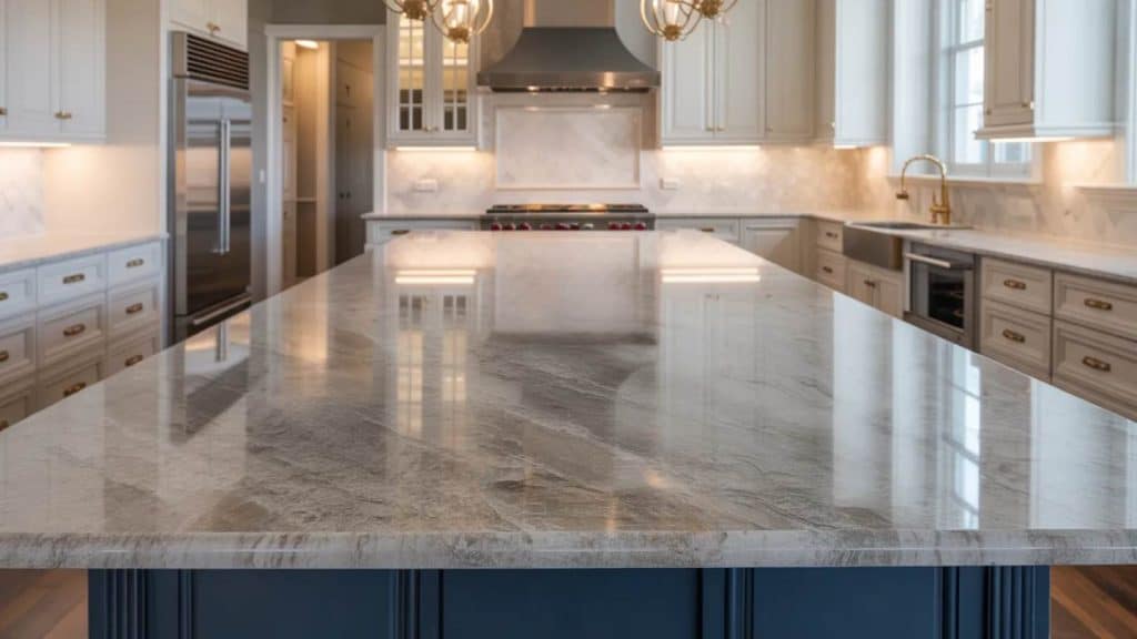 quartzite kitchen island countertop with natural gray veining in a bright luxury kitchen with white cabinets