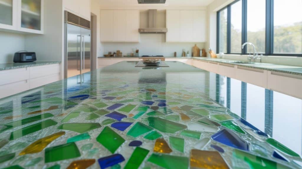 recycled glass kitchen island countertop with colorful glass fragments in a bright modern kitchen