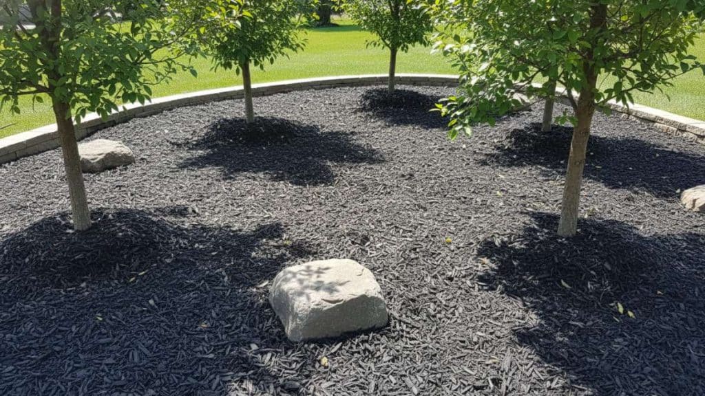black-rubber-mulch-spread-around-young-trees-in-a-landscaped-garden-bed-with-stone-border
