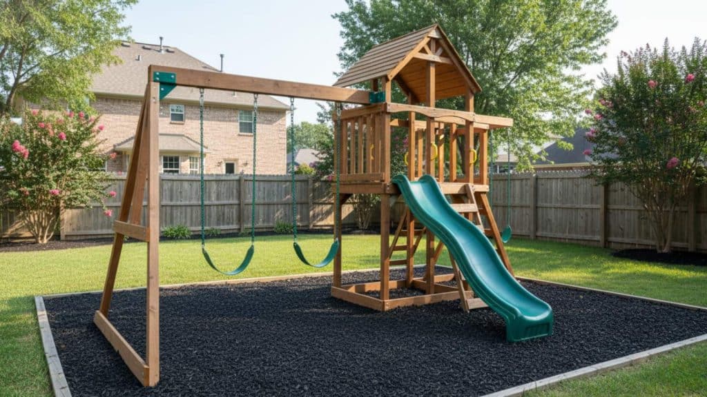 backyard-wooden-playground-set-with-swings-and-slide-installed-over-black-rubber-mulch-safety-surface