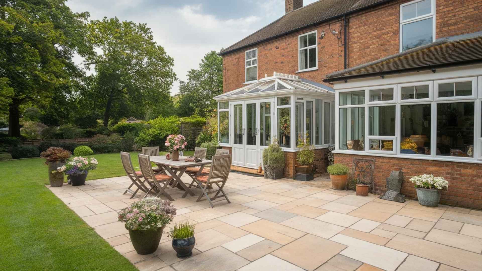 The image shows a garden with a patio, featuring a table with chairs and a conservatory attached to a house. There are flower pots and greenery surrounding the area.